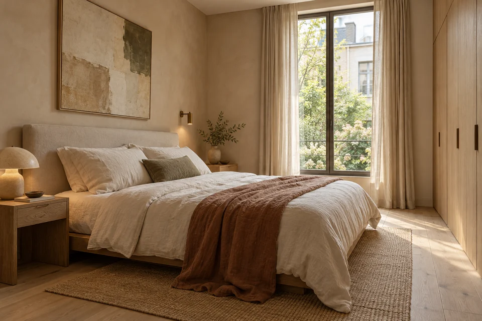 Bedroom concept study with linen bedding, gentle colours and natural light