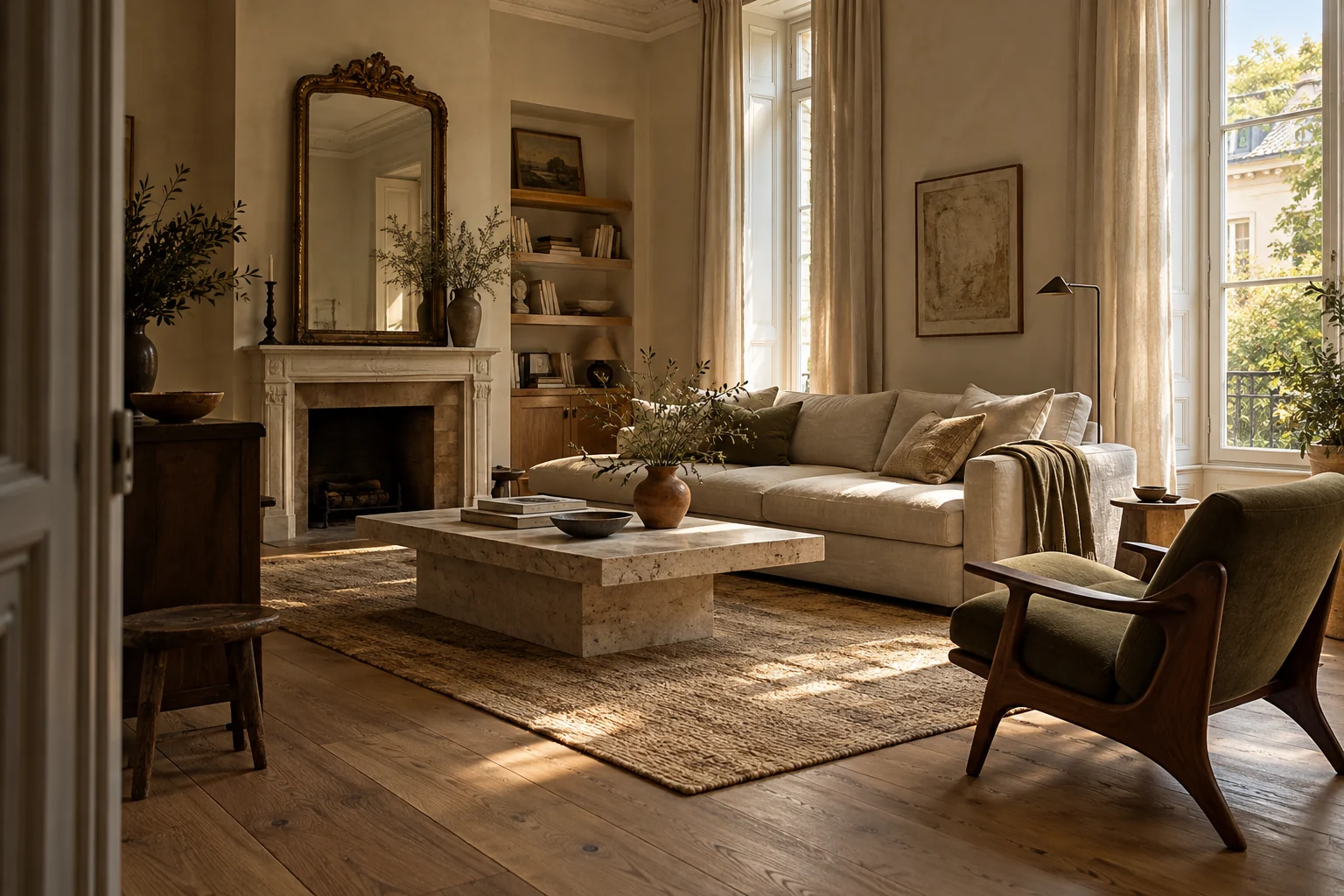 Warm living-room concept study with natural materials